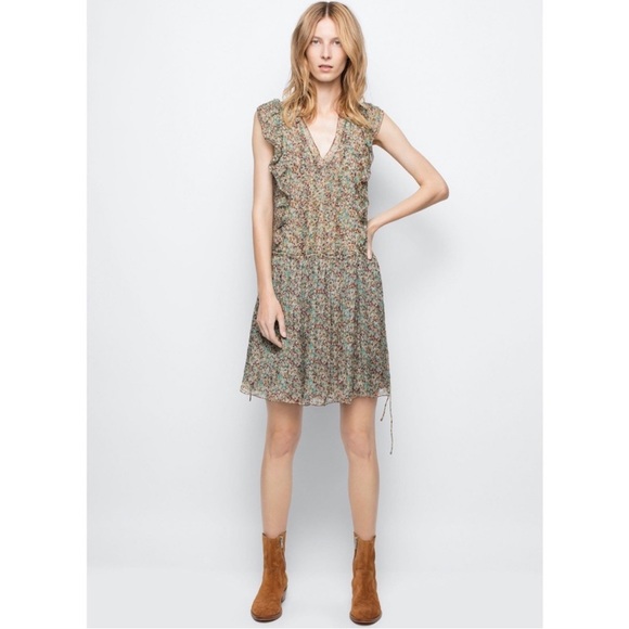 Zadig & Voltaire Deluxe Rimana Floral Printed Silk Dress Natural With Ruffles S - Picture 1 of 17